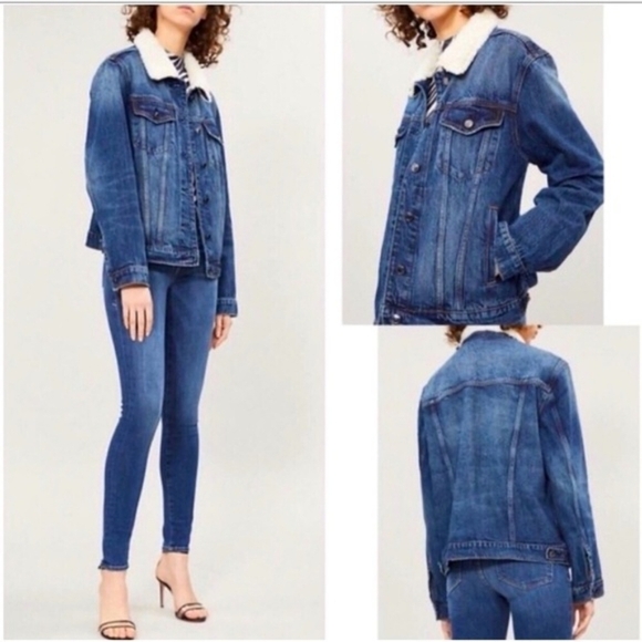 Good American Women’s Oversized Boyfriend Jean Jacket Size 0 Sherpa Collar - Picture 1 of 4